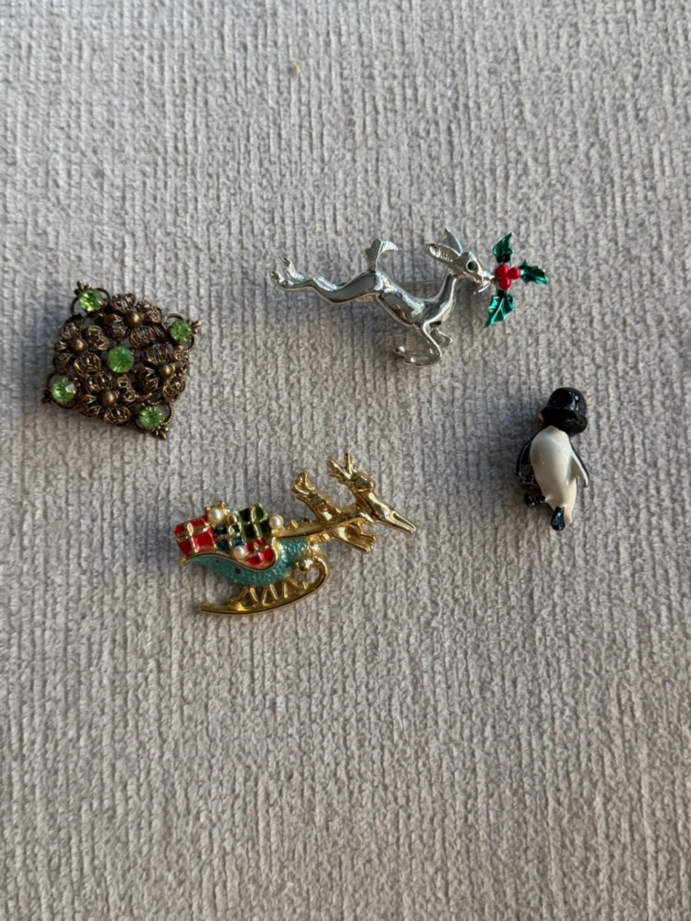Vintage Holiday Brooch Lot - Reindeer, Sleigh, Penguin, Floral